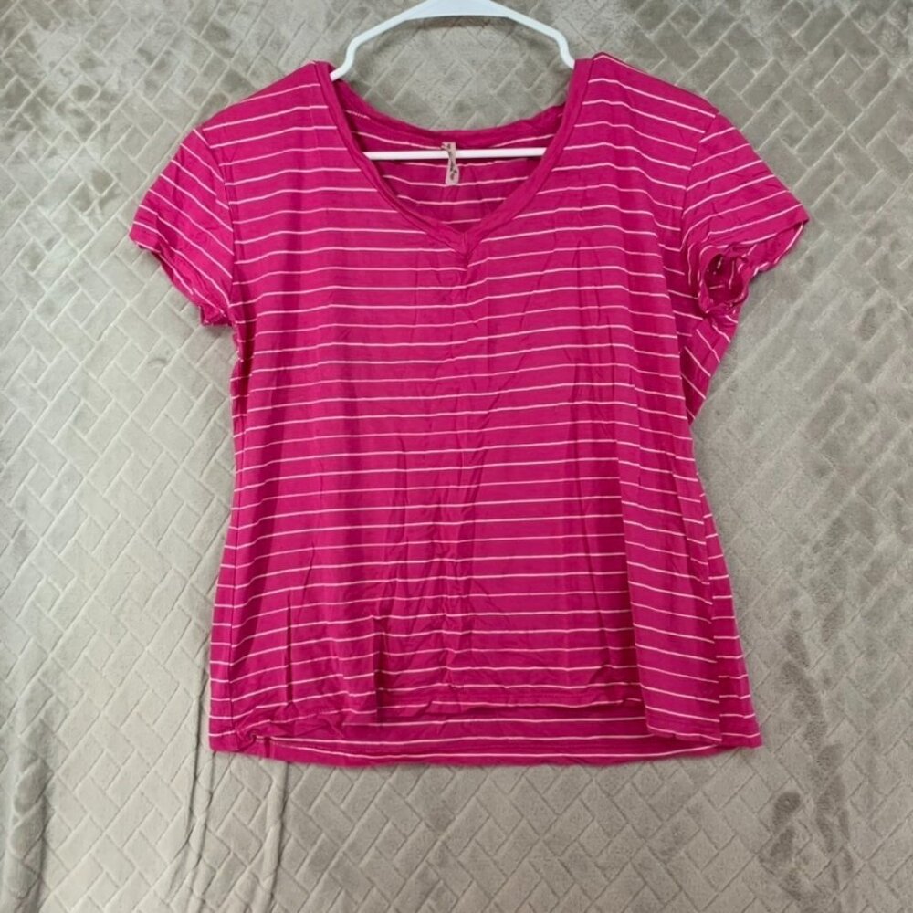 Love Nation Womens 1XL Shirt Pink Striped Short Sleeve V Neck Stretch